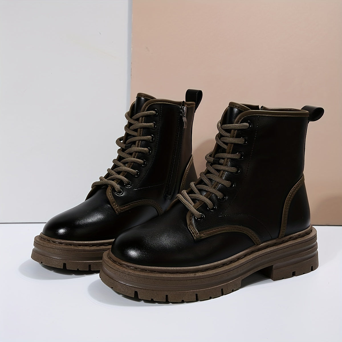 Women's Side Zip Combat Boots Lace Up Platform Chunky Ankle Boots