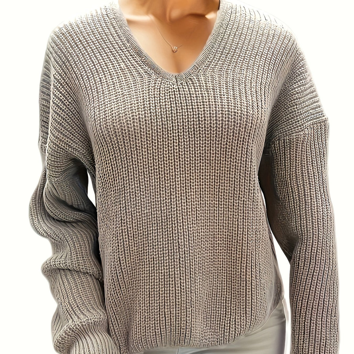 Solid V Neck Long Sleeve Knitted Sweater for Women