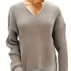 Solid V Neck Long Sleeve Knitted Sweater for Women