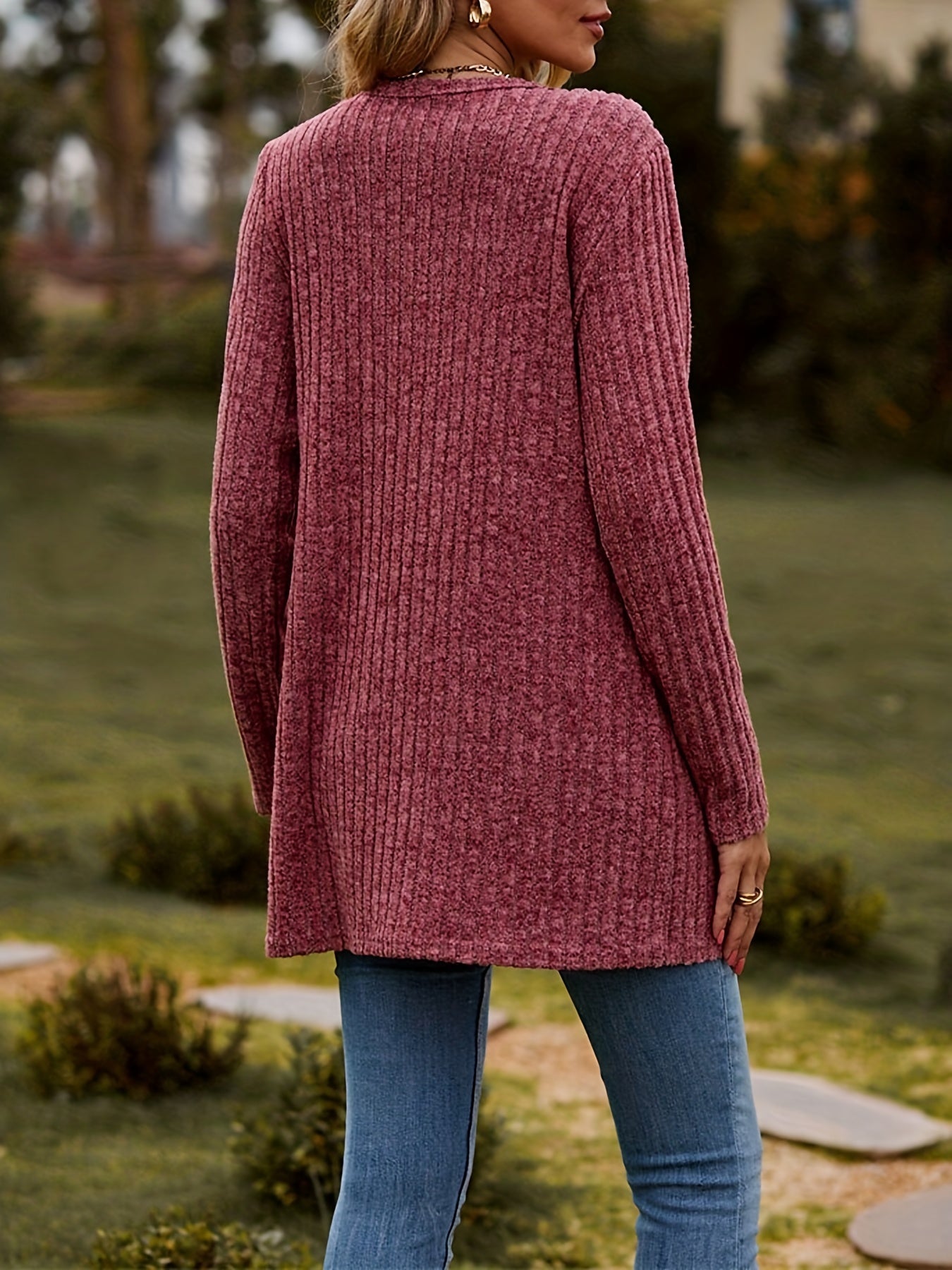  Solid Ribbed Button Up Cardigan with Pockets