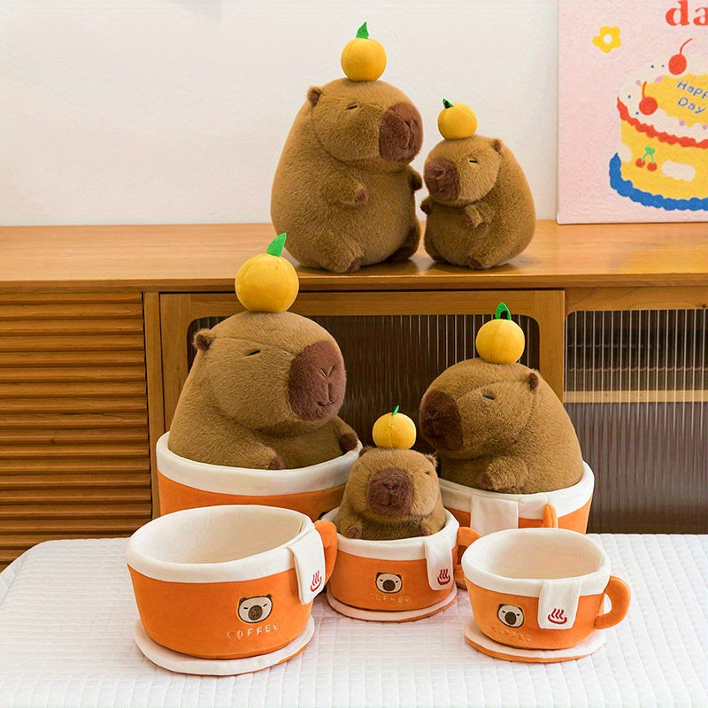 2pcs Capybara Plush Toy Set Office Decor Removable from Cup