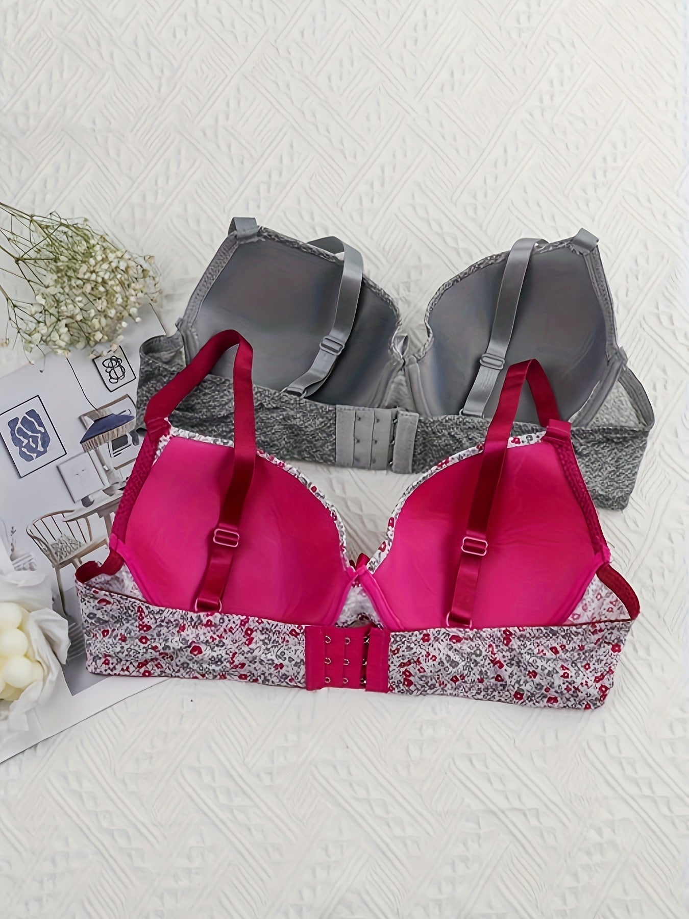 2 Pack Plus Size Bra Set Women's Plus Ditsy Floral Print