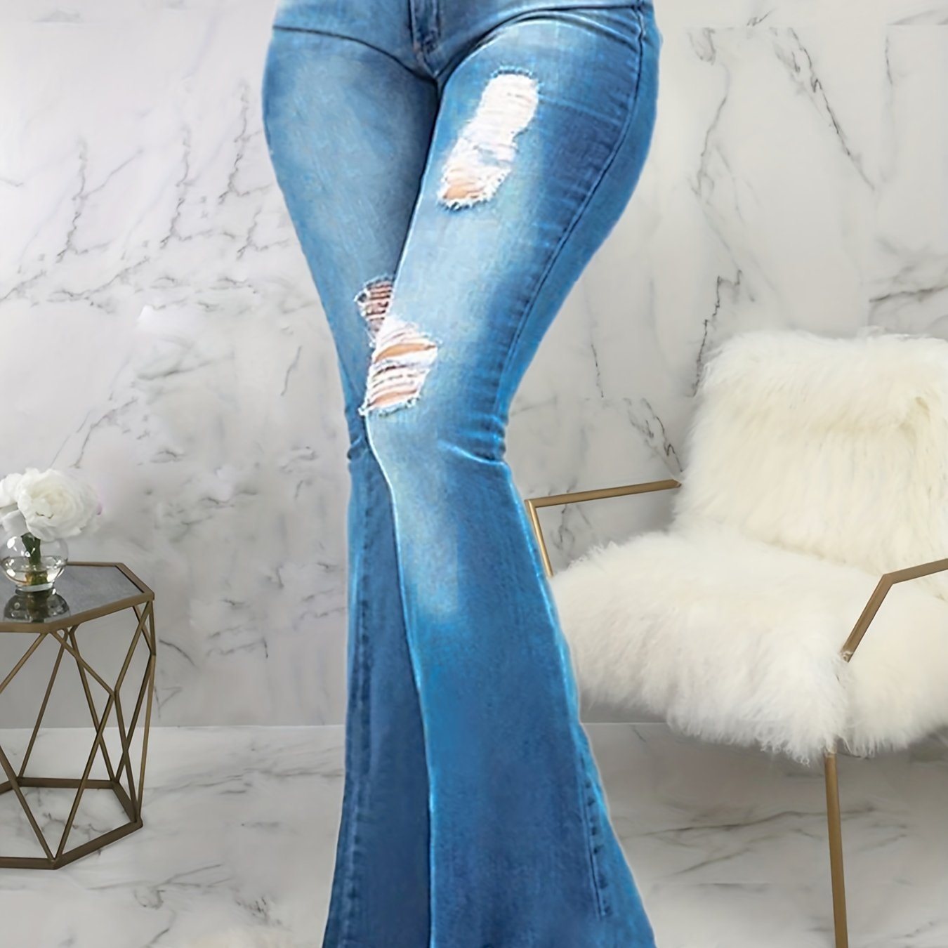  Women's Ripped Raw Trim High Rise Flared Leg Jeans