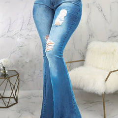  Women's Ripped Raw Trim High Rise Flared Leg Jeans