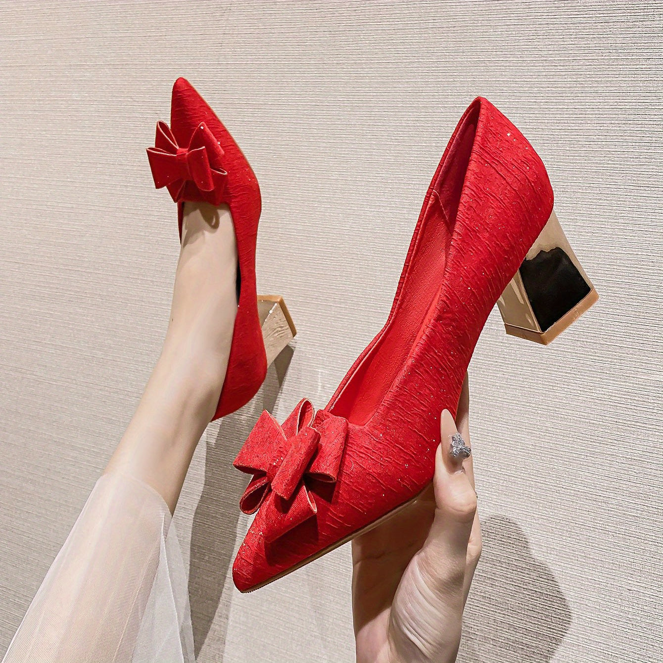 Chunky Heeled Pumps Bowknot High Heels Wedding Dress Shoes