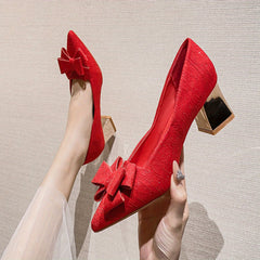 Chunky Heeled Pumps Bowknot High Heels Wedding Dress Shoes