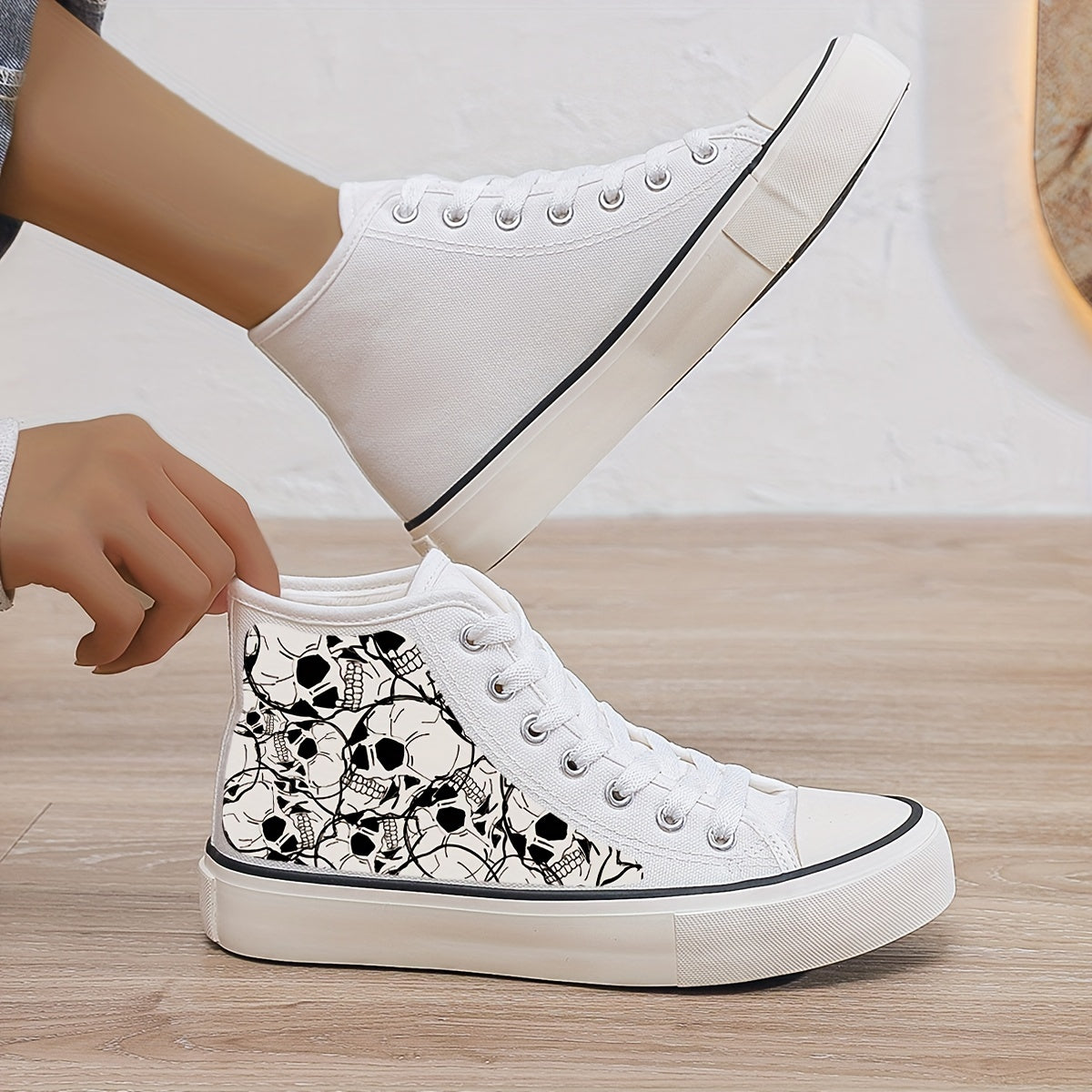 Skull Print Plush Lined Thermal Chunky Canvas Sneakers