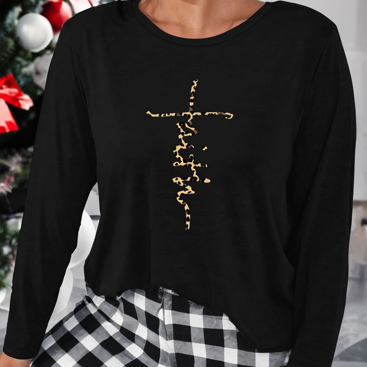  Leopard Cross Letter Print Long Sleeve Lounge Top