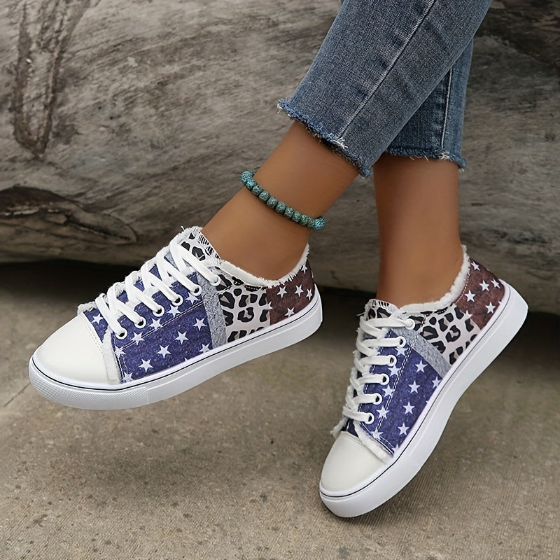 Leopard & Star Print Canvas Shoes Lace Up Low Top Sneakers