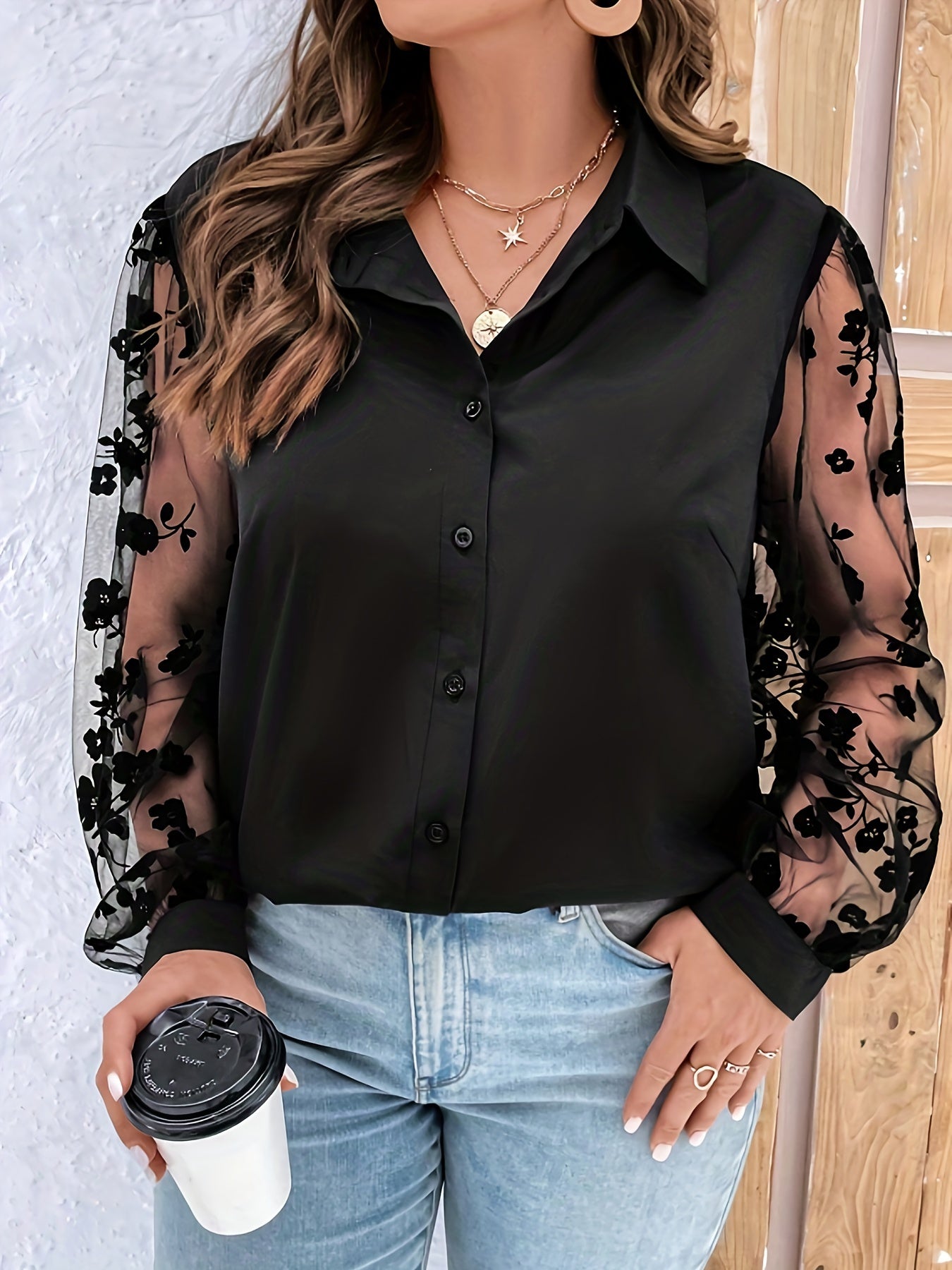  Blouse Women's Plus Solid Contrast Mesh Jacquard Sleeve Button Up