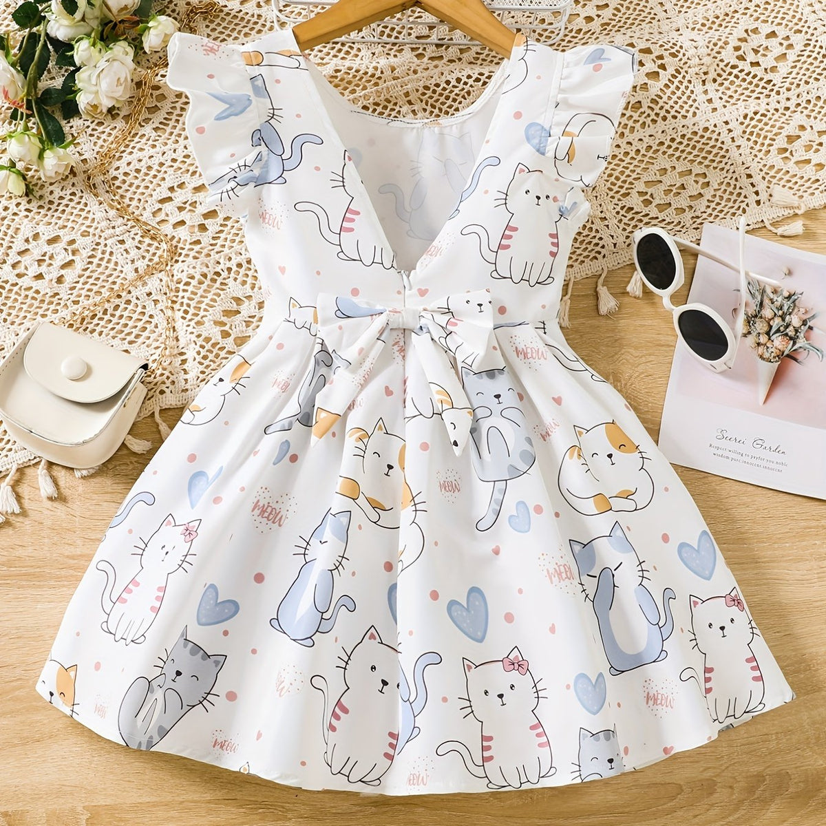 Toddler Girls Ruffle Trim Cat Graphic Backless Bow Princess Dress