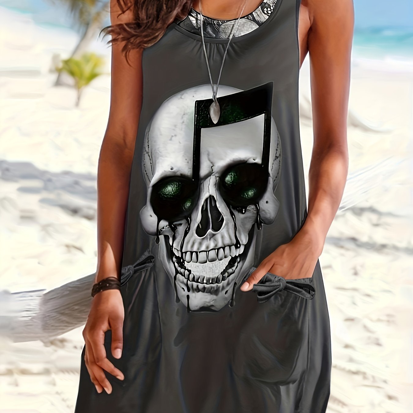  Goth Dress Colorblock Skull Print Tank Dress With Pockets