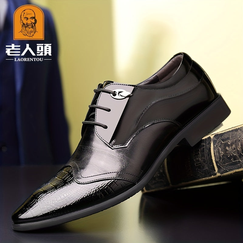 LAORENTOU Men's Croc Embossed Derby Shoes British Style Pointed Toe Oxfords