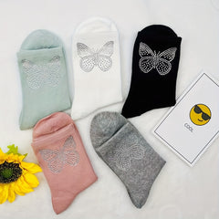 5 Pairs Butterfly Rhinestone Socks Comfy Mid Tube Socks