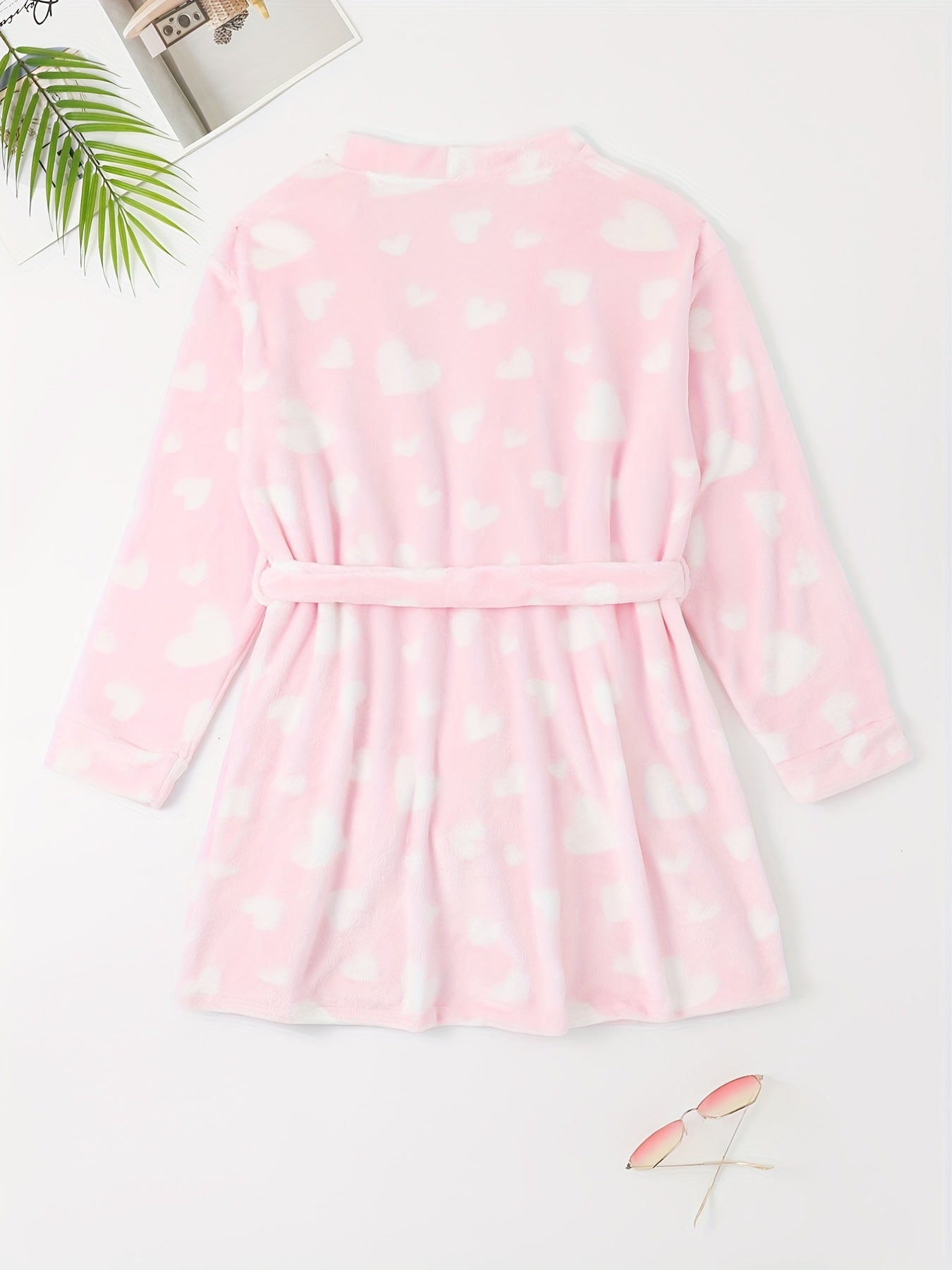  Heart Pattern Flannel Bathrobe Women's Long Sleeve Belted Nightgown