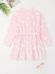  Heart Pattern Flannel Bathrobe Women's Long Sleeve Belted Nightgown