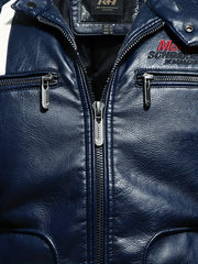 Men's Cycling Jacket Zipper Pockets Washed PU Leather Lapel Zip Up Jacket