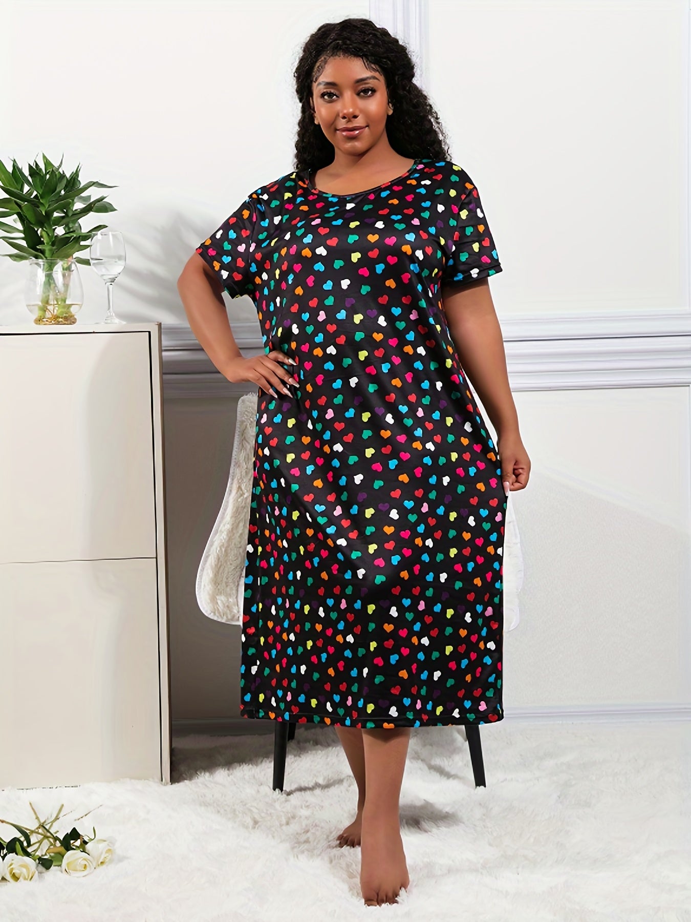  Colorful Heart Print Round Neck Stretch Nightdress