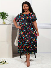  Colorful Heart Print Round Neck Stretch Nightdress