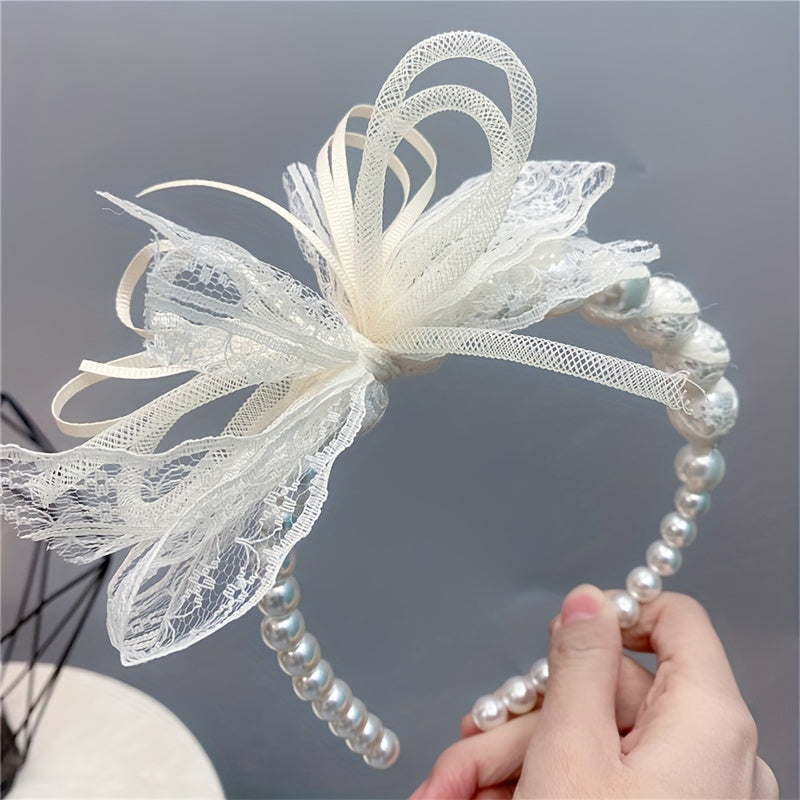 Lace Bow Headband Faux Pearl Hair Band for Women