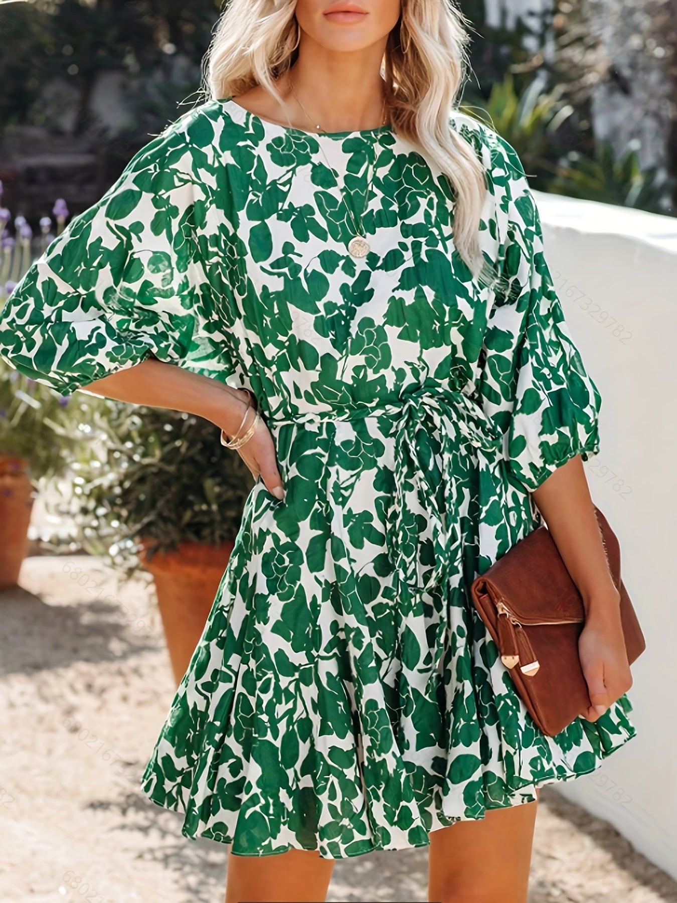  Floral Print Half Sleeve Round Neck Mini Dress With Belt