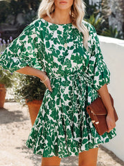  Floral Print Half Sleeve Round Neck Mini Dress With Belt