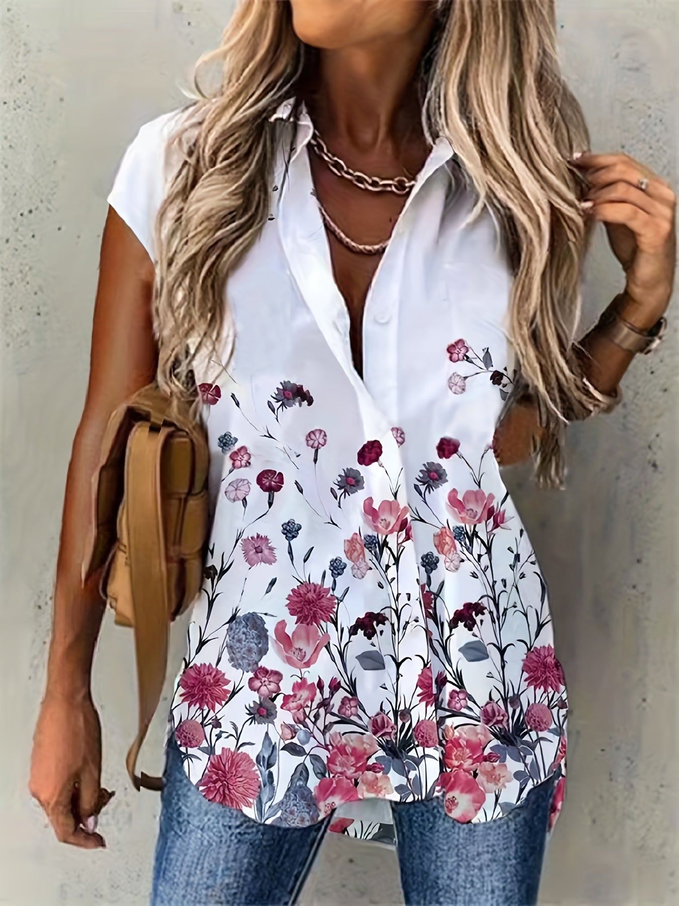 Floral Print Polo Neck Button Up Blouse