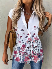  Floral Print Polo Neck Button Up Blouse