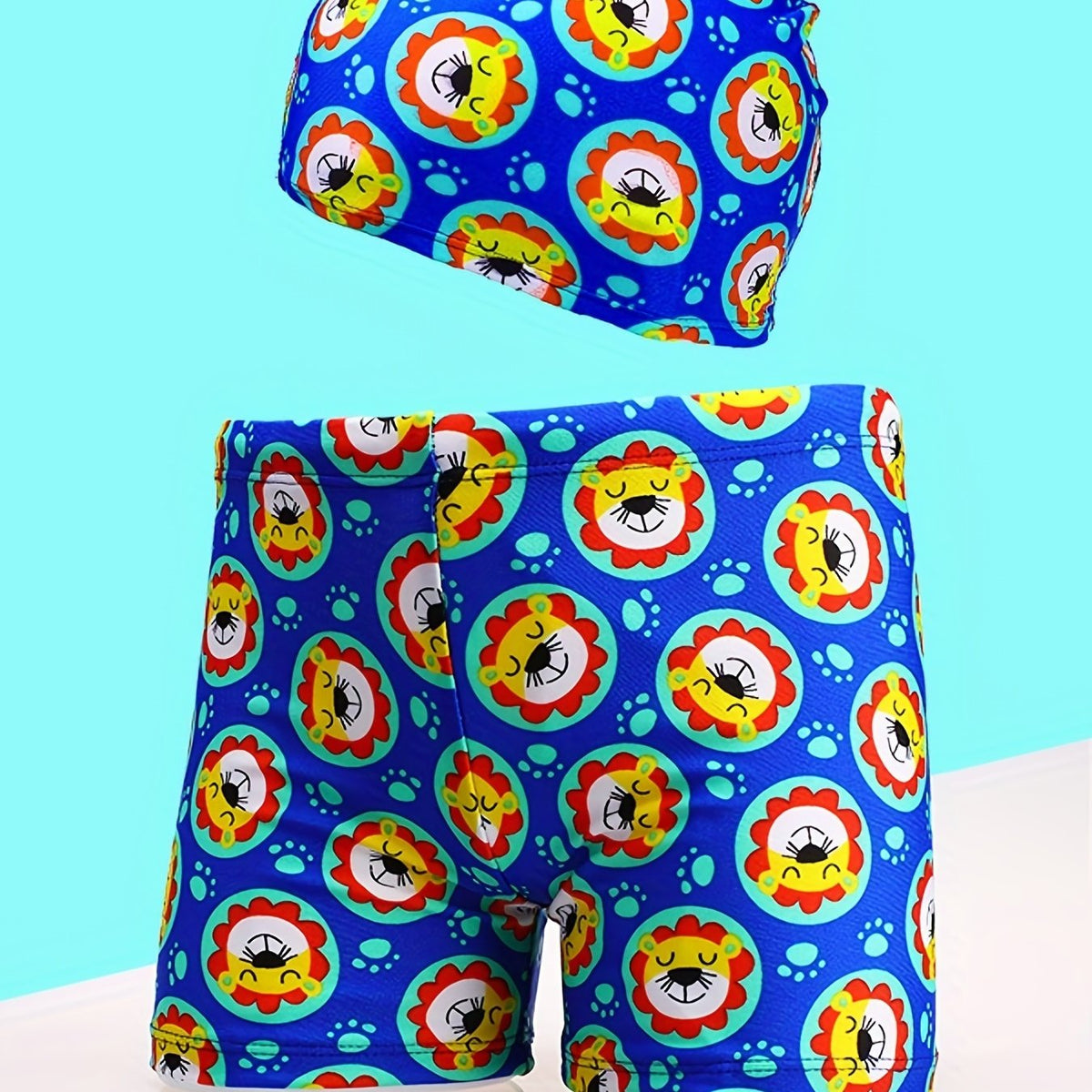 Boys Lion Head Swim Trunks & Cap Quick Drying for Beach Vacation Bath