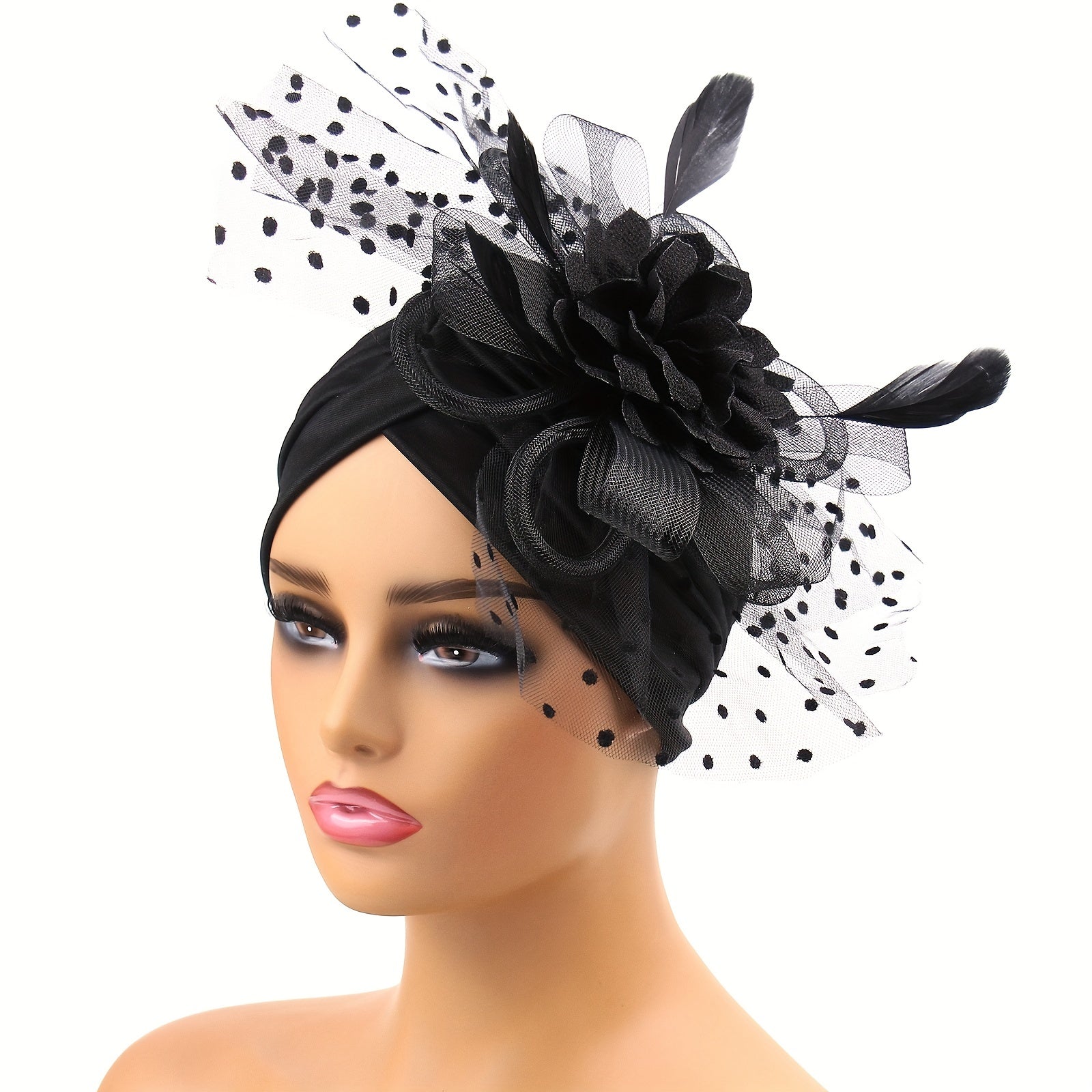 Feather Mesh Flower Turban Cap Head Wrap Elastic Beanie Women Ramadan Bonnet