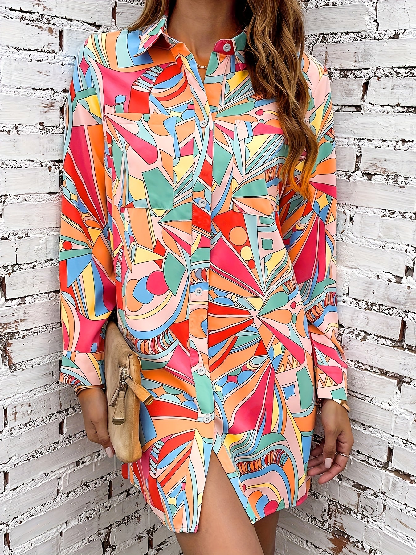  Colorblock Geo Print Long Sleeve Shirt Dress