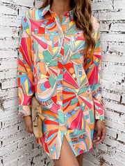  Colorblock Geo Print Long Sleeve Shirt Dress