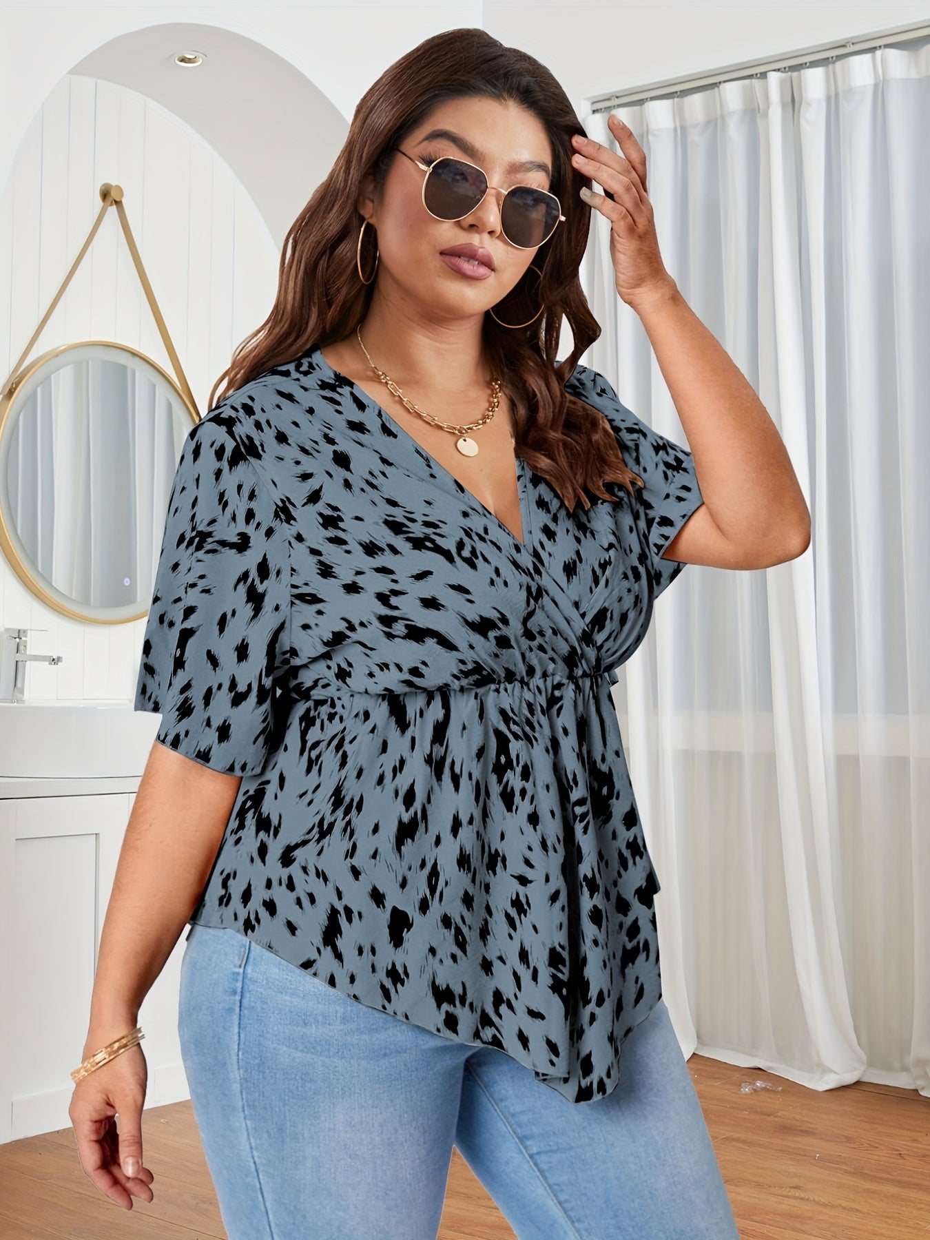  Leopard Print Faux Wrap Peplum Blouse