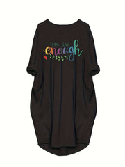  Slogan Print Long Sleeve Loose Fit Dress