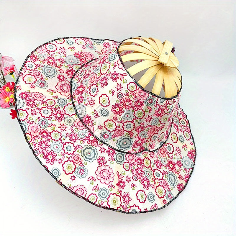 Vintage Floral Bamboo Fan Sun Hat