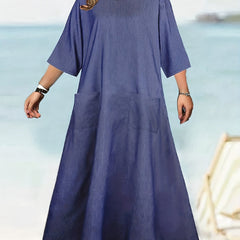  Casual Dress Women's Plus Solid Long Sleeve Round Neck Summer Dress