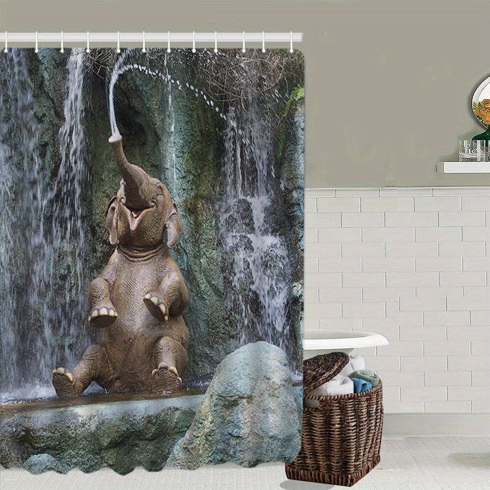 Elephant Print Shower Curtain Set with Rug & Hooks