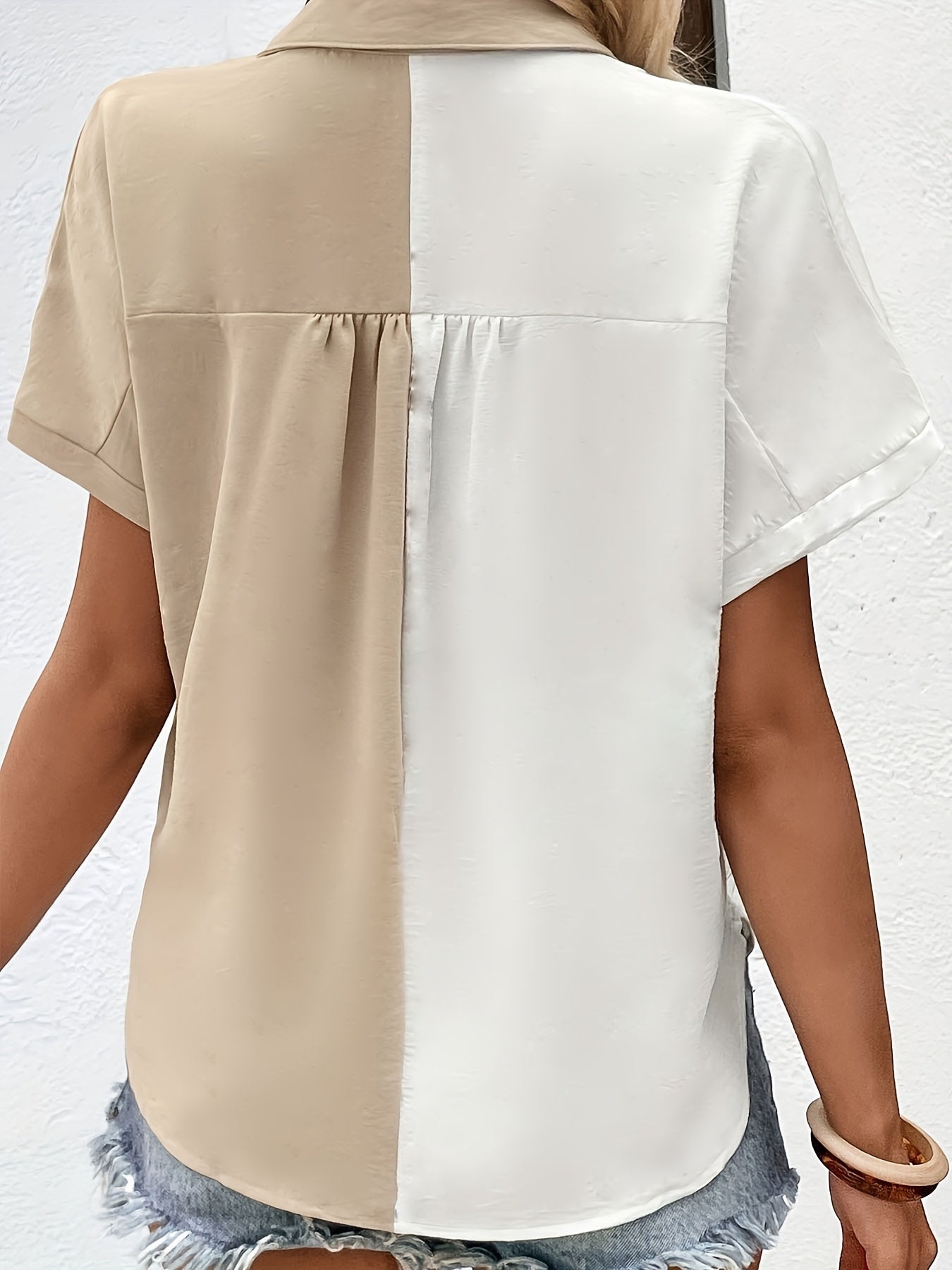 Colorblock Short Sleeve Button Up Blouse