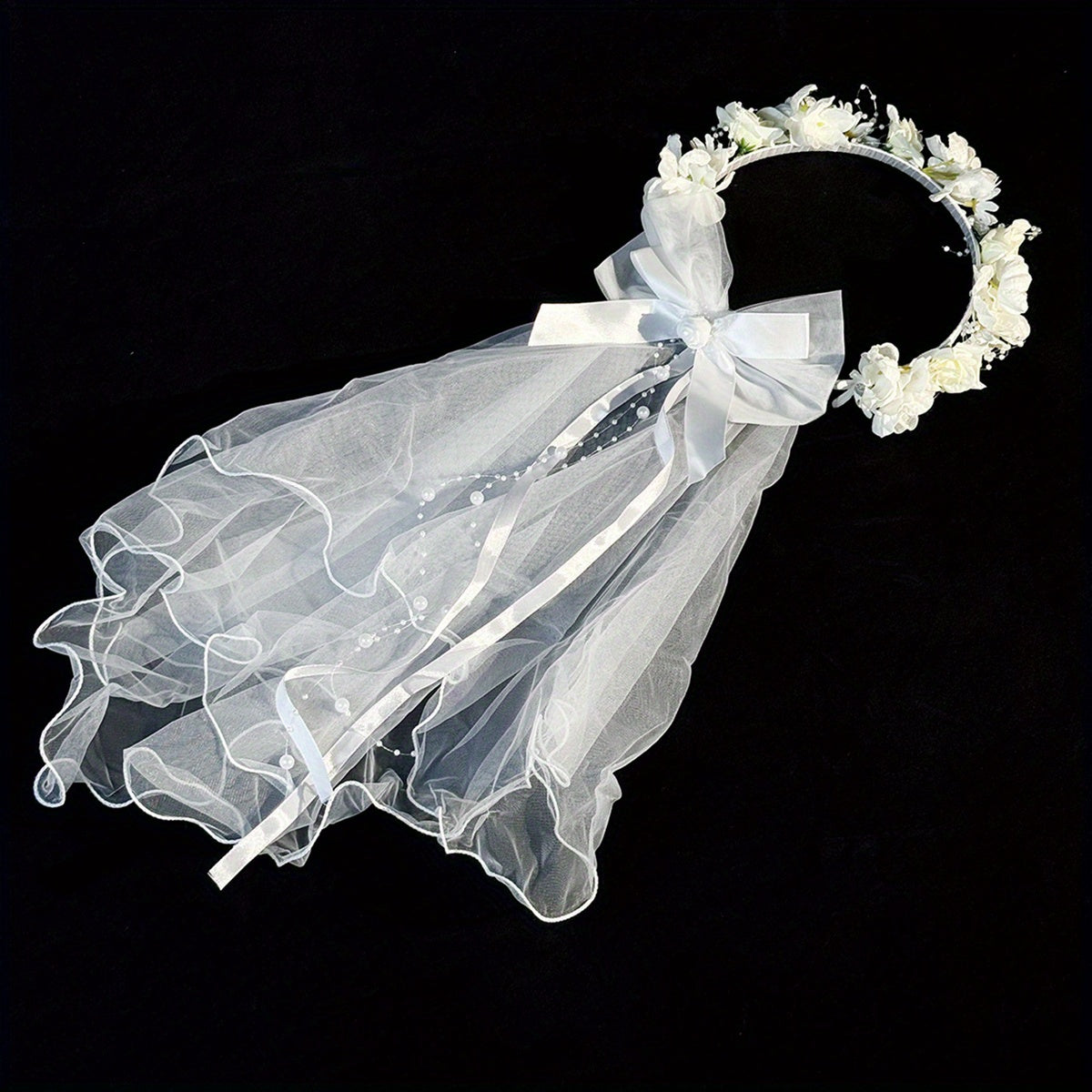 Short Wedding Veil with Floral Headband Sheer Lace Bridal Veil Flowers & Bow