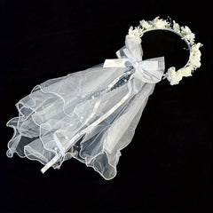 Short Wedding Veil with Floral Headband Sheer Lace Bridal Veil Flowers & Bow