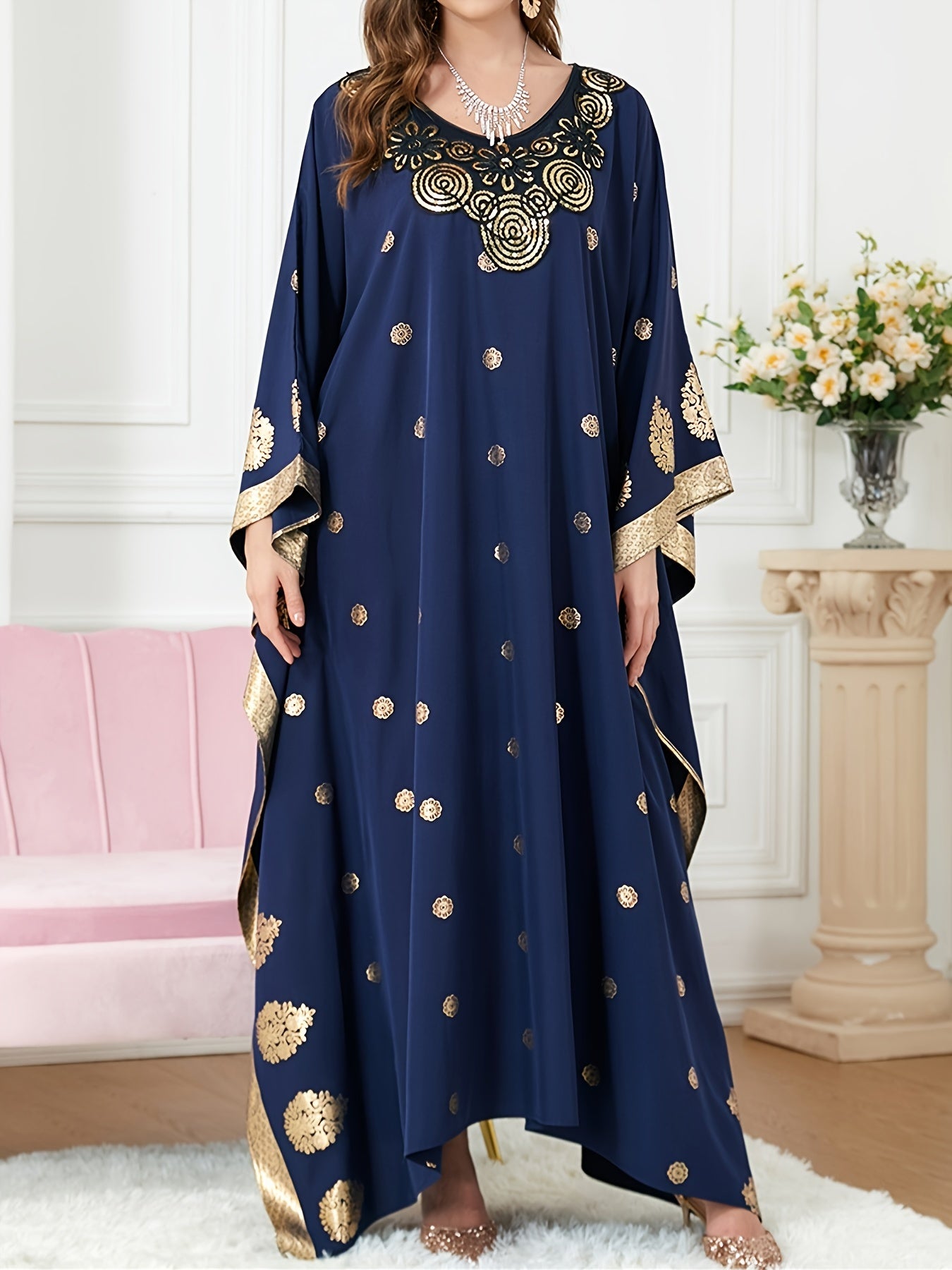  Golden Tribal Print Kaftan Dress V Neck