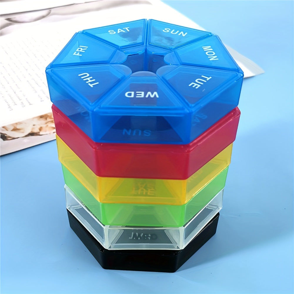 7 Compartment Rainbow Pill Box Weekly Storage Portable Round Container