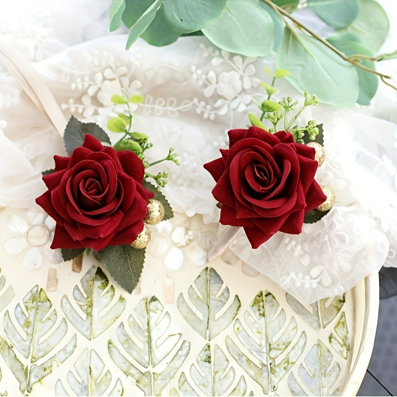 2pcs Bohemian Rose Corsage & Bracelet Set for Wedding & Party Decorations
