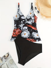  Floral Print V Neck Cami Top & Panty Bathing Suit 2 Piece Set
