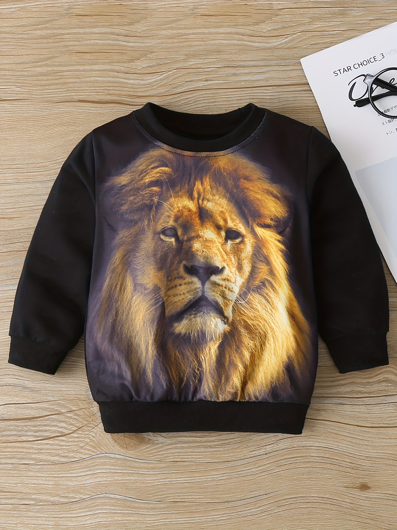 Lion Print Boys Casual Pullover Sweatshirt Crew Neck Tops