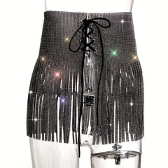 Rhinestone Tassel Skirt Belt Y2K Sparkly Wrap Sexy Fringe Waistband