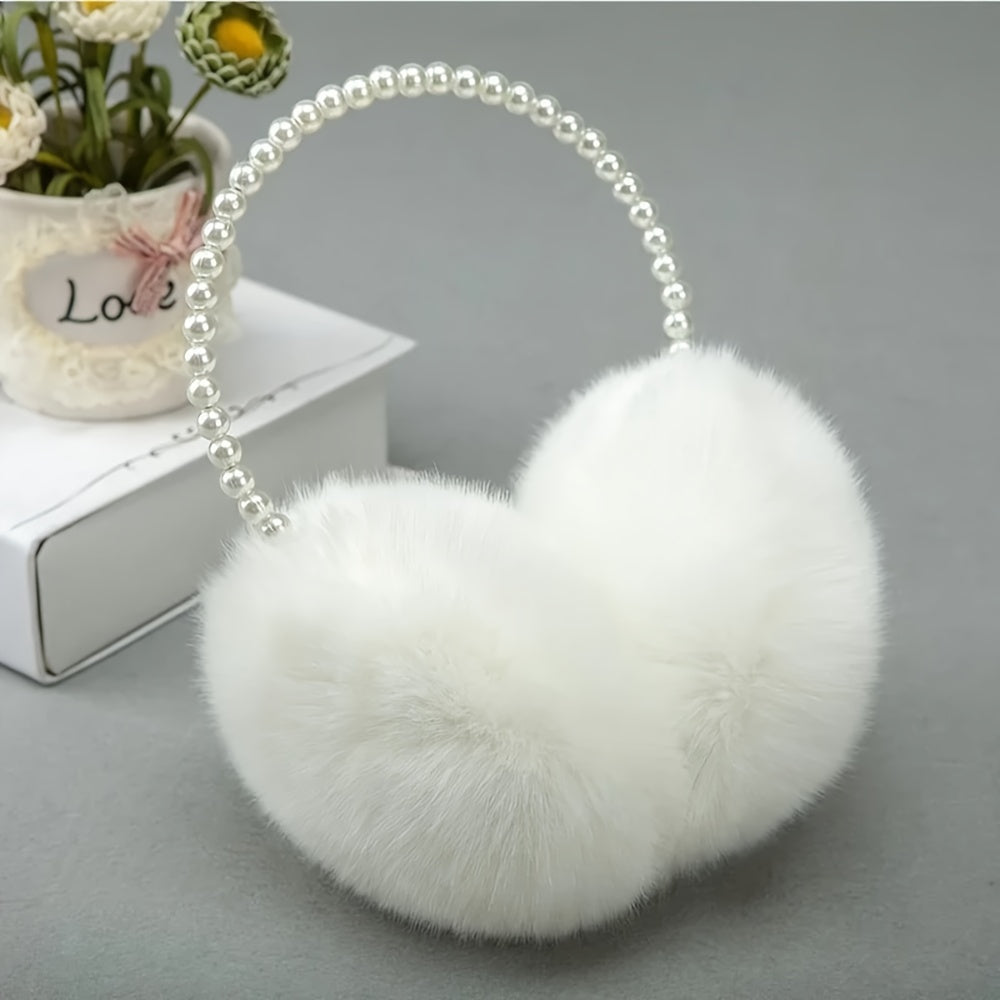 Women's Faux Fur Winter Ear Warmers with Beads & Pom Pom