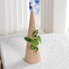 Green Snake Shaped Glass Ring Handcrafted Artistic Accessory Birthstone Jewelry