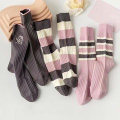 3 Pairs Striped Crew Socks Mid Tube Women's Stockings