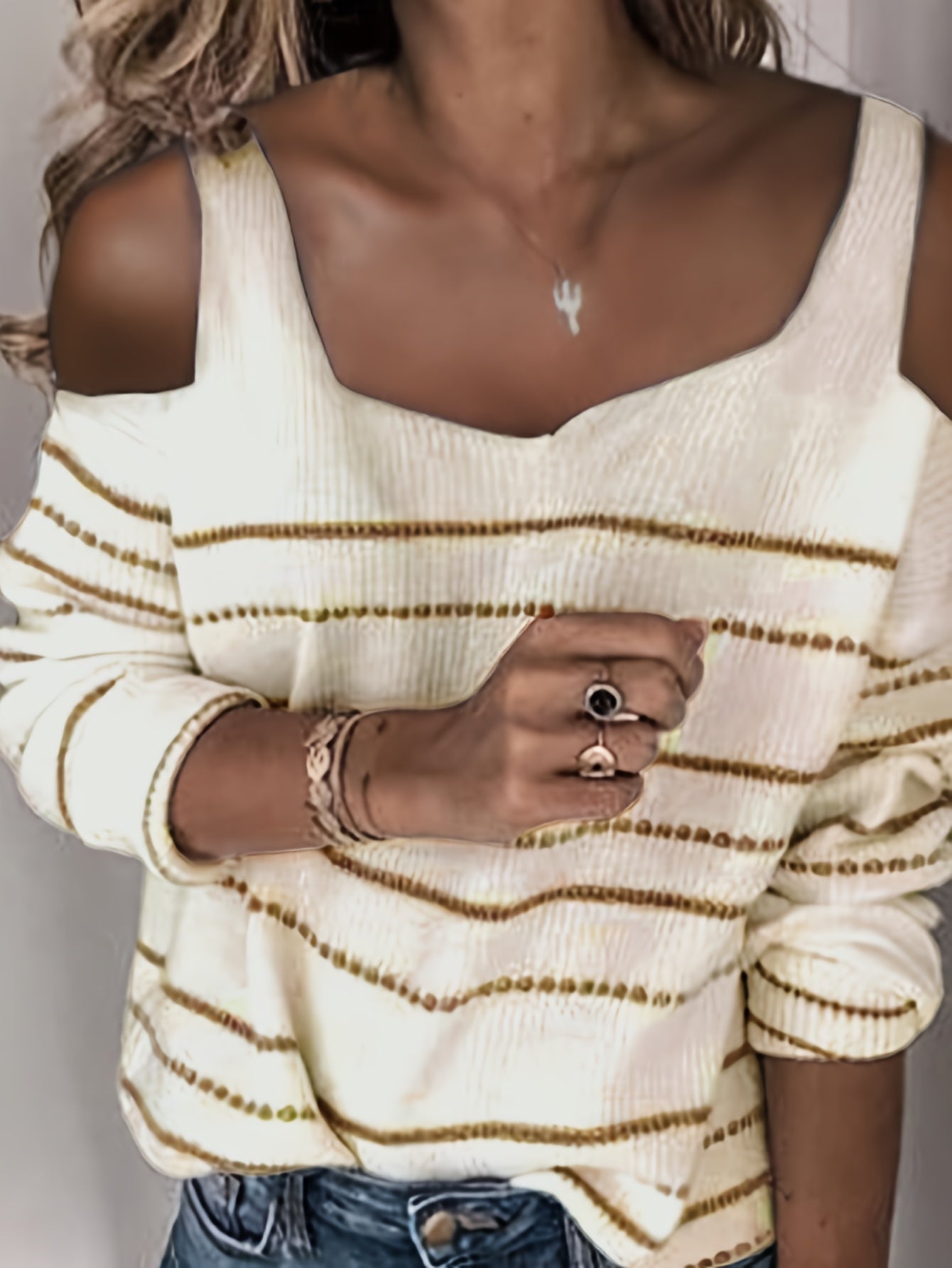  Stripe Print Cold Shoulder Jumper